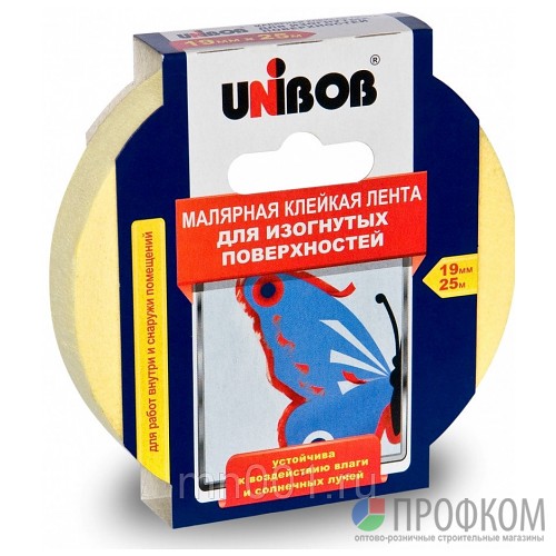 Профессиональная малярная лента для изогнутых поверхностей UNIBOB 25мм х 25м (желтая)